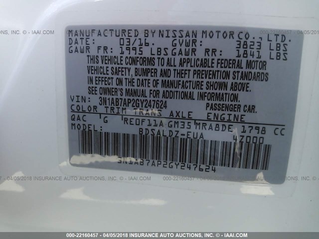 3N1AB7AP2GY247624 - 2016 NISSAN SENTRA S/SV/SR/SL WHITE photo 9