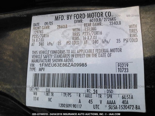 1FMEU63E86ZA09985 - 2006 FORD EXPLORER XLT BLACK photo 9