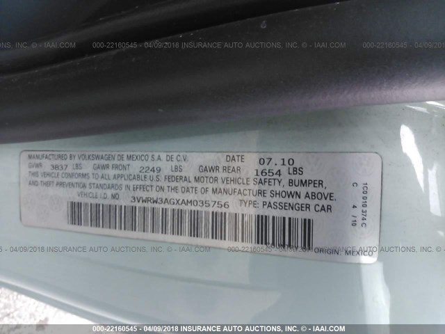 3VWRW3AGXAM035756 - 2010 VOLKSWAGEN NEW BEETLE 青色 照片 9