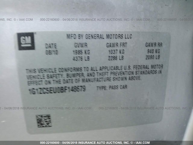 1G1ZC5EU0BF148679 - 2011 CHEVROLET MALIBU 1LT 银色 照片 9