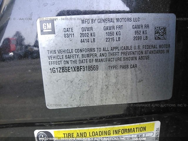 1G1ZB5E1XBF318569 - 2011 CHEVROLET MALIBU LS BLACK photo 9