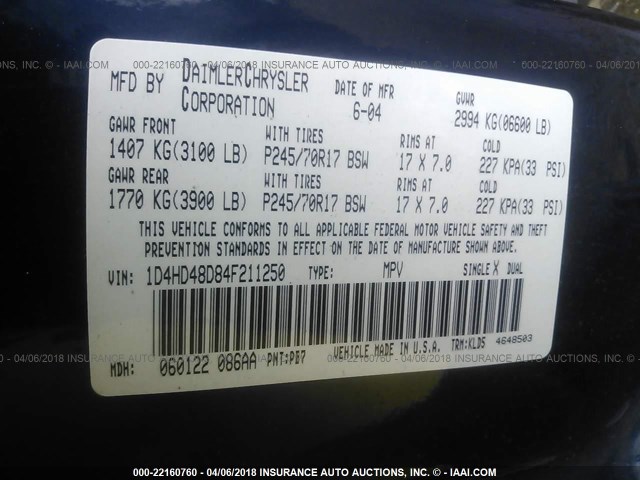 1D4HD48D84F211250 - 2004 DODGE DURANGO SLT BLUE photo 9