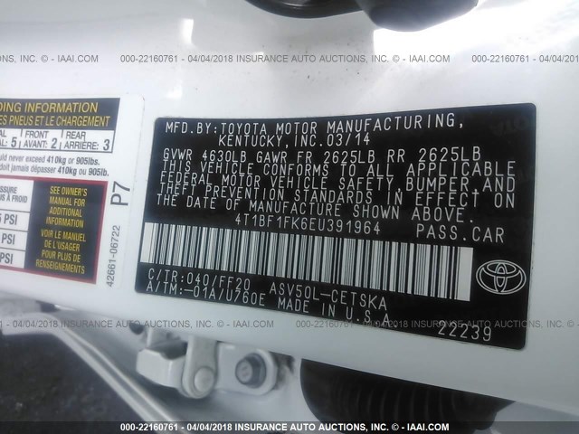 4T1BF1FK6EU391964 - 2014 TOYOTA CAMRY L/SE/LE/XLE 白色 照片 9