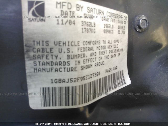 1G8AJ52F95Z127360 - 2005 SATURN ION LEVEL 2 Bordo foto 9