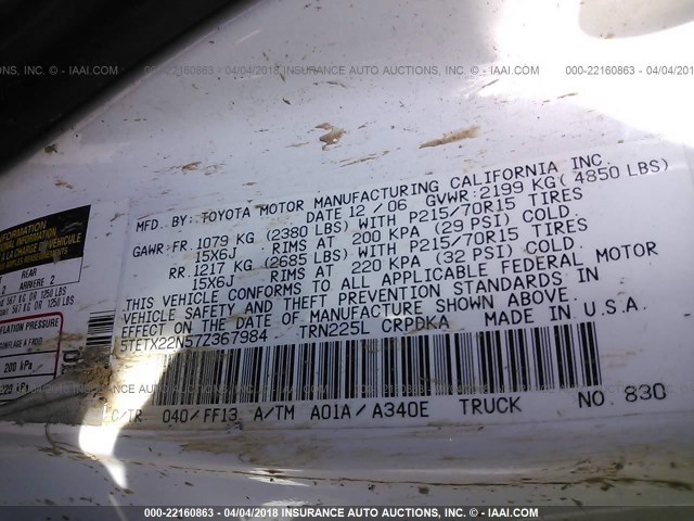5TETX22N57Z367984 - 2007 TOYOTA TACOMA ACCESS CAB Weiß Foto 9