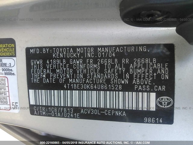 4T1BE30K64U861528 - 2004 TOYOTA CAMRY LE/XLE/SE 银色 照片 9