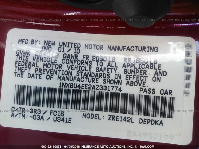 1NXBU4EE2AZ331774 - 2010 TOYOTA COROLLA S/LE/XLE RED photo 9