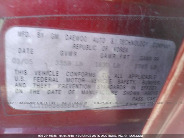 KL1TD52635B437428 - 2005 CHEVROLET AVEO LS 红色 照片 9