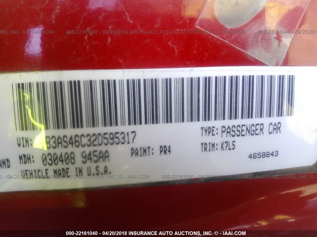 1B3AS46C32D595317 - 2002 DODGE NEON SE RED photo 9