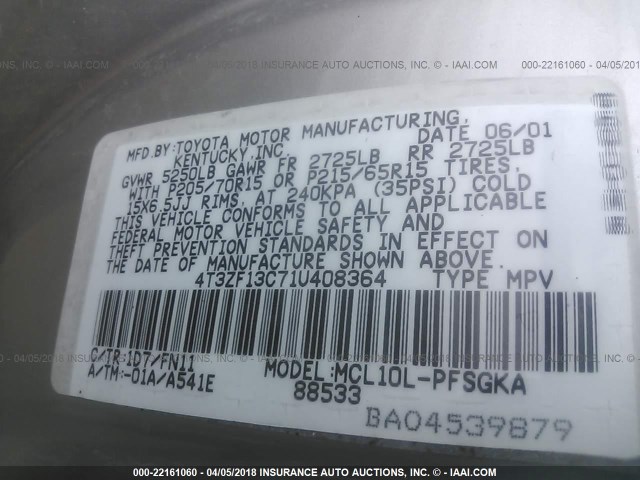 4T3ZF13C71U408364 - 2001 TOYOTA SIENNA LE/XLE SILVER photo 9