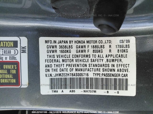 JHMZE2H78AS005716 - 2010 HONDA INSIGHT EX GRAY photo 9