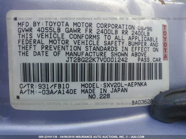 JT2BG22K7V0001242 - 1997 TOYOTA CAMRY LE/XLE BLUE photo 9