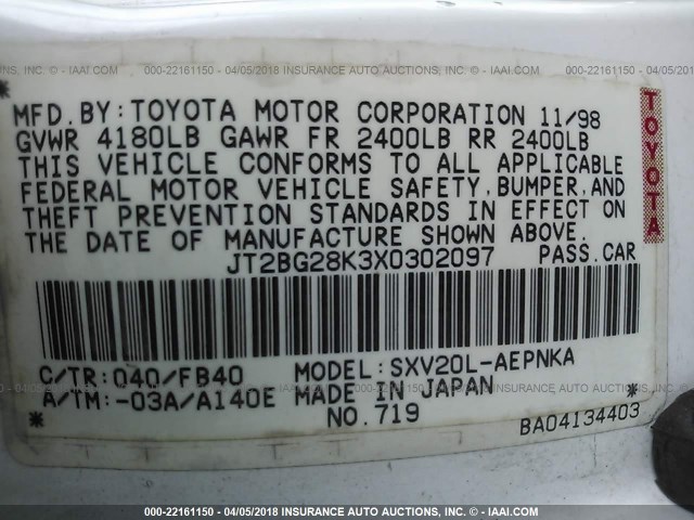 JT2BG28K3X0302097 - 1999 TOYOTA CAMRY LE/XLE WHITE photo 9