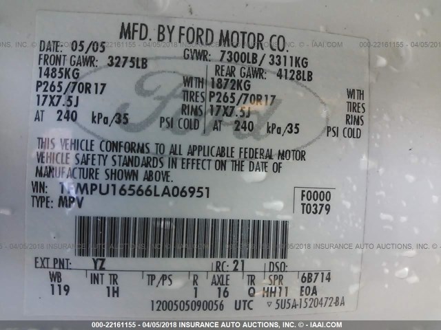 1FMPU16566LA06951 - 2006 FORD EXPEDITION XLT 白色 照片 9