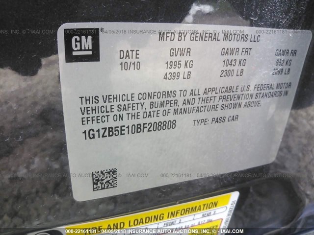 1G1ZB5E10BF208808 - 2011 CHEVROLET MALIBU LS ნაცრისფერი ფოტო 9