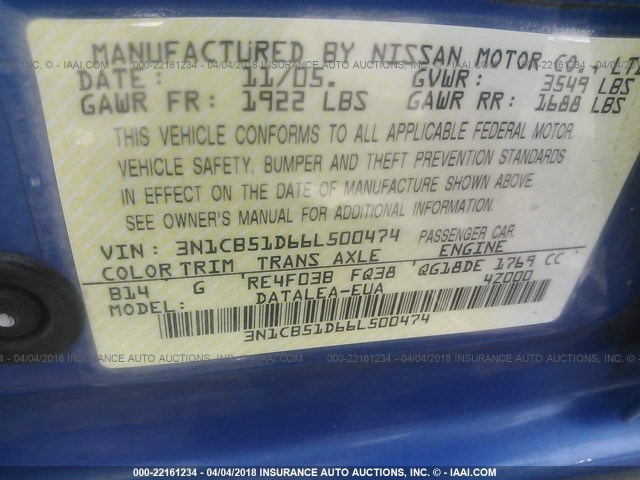 3N1CB51D66L500474 - 2006 NISSAN SENTRA 1.8/1.8S BLUE photo 9