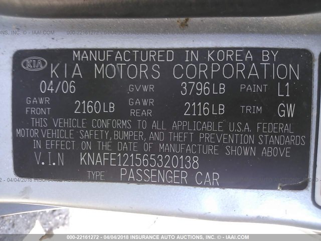 KNAFE121565320138 - 2006 KIA NEW SPECTRA LX/EX SILVER photo 9