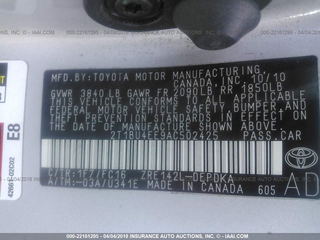 2T1BU4EE9AC502425 - 2010 TOYOTA COROLLA S/LE/XLE SILVER photo 9