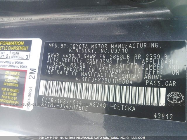 4T1BF3EK2BU186604 - 2011 TOYOTA CAMRY SE/LE/XLE GRAY photo 9