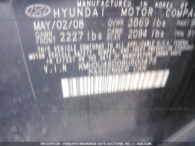 KMHDU46D08U500473 - 2008 HYUNDAI ELANTRA GLS/SE/LIMITED BLACK photo 9