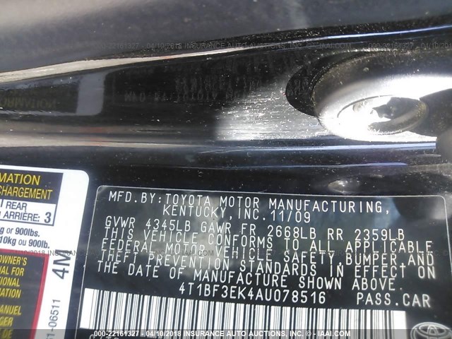 4T1BF3EK4AU078516 - 2010 TOYOTA CAMRY SE/LE/XLE შავი ფოტო 9