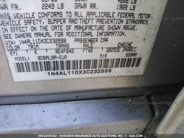 1N4AL11DX3C232598 - 2003 NISSAN ALTIMA S/SL SILVER photo 9