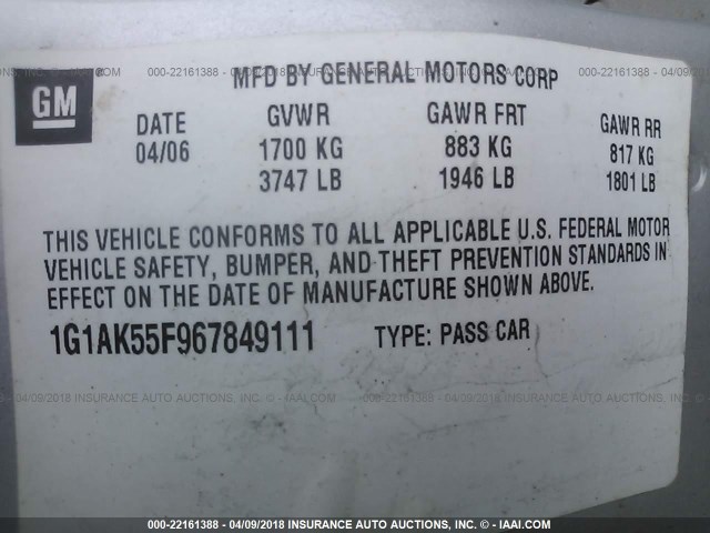 1G1AK55F967849111 - 2006 CHEVROLET COBALT LS SILVER photo 9