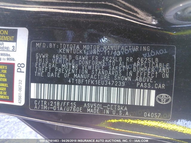 4T1BF1FK1EU347239 - 2014 TOYOTA CAMRY L/SE/LE/XLE შავი ფოტო 9