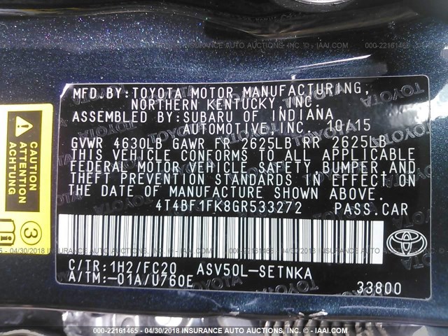 4T4BF1FK8GR533272 - 2016 TOYOTA CAMRY LE/XLE/SE/XSE BLACK photo 9