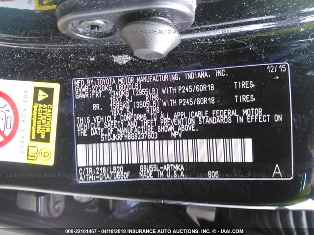 5TDJKRFH8GS237603 - 2016 TOYOTA HIGHLANDER XLE შავი ფოტო 9