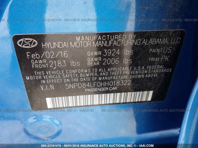 5NPD84LF0HH018322 - 2017 HYUNDAI ELANTRA SE/VALUE/LIMITED BLUE photo 9