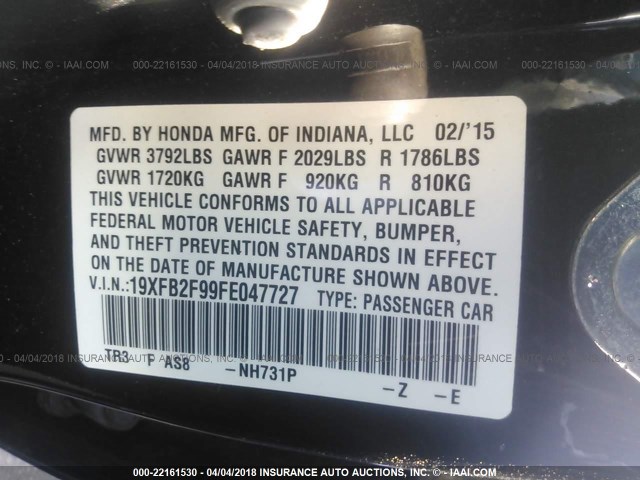 19XFB2F99FE047727 - 2015 HONDA CIVIC EXL BLACK photo 9