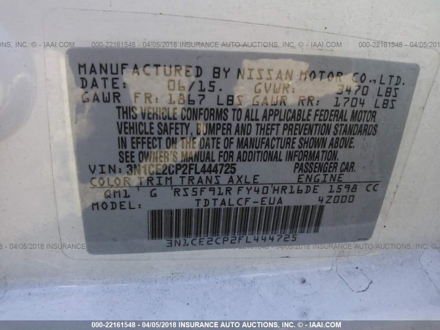 3N1CE2CP2FL444725 - 2015 NISSAN VERSA NOTE S/S PLUS/SV/SL/SR WHITE photo 9