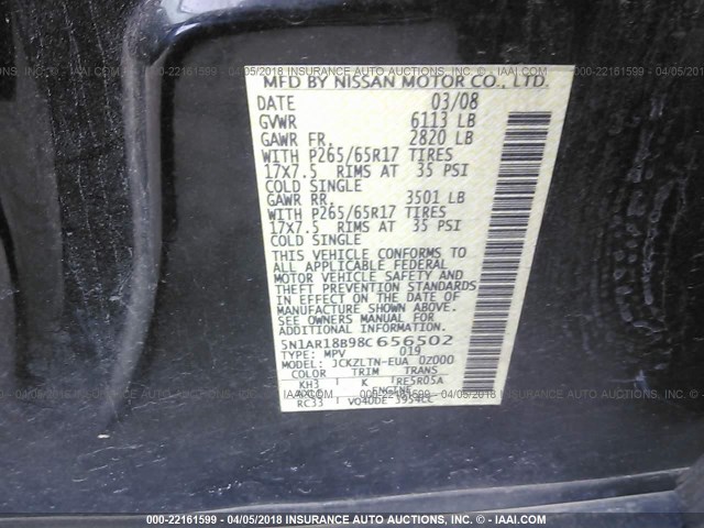 5N1AR18B98C656502 - 2008 NISSAN PATHFINDER S/LE/SE BLACK photo 9