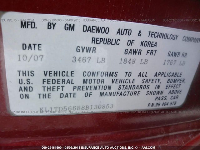 KL1TD56688B130853 - 2008 CHEVROLET AVEO LS RED photo 9