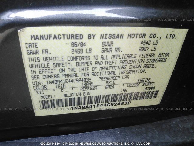 1N4BA41E44C924832 - 2004 NISSAN MAXIMA SE/SL GRAY photo 9