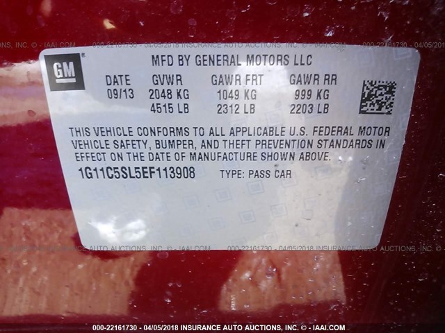 1G11C5SL5EF113908 - 2014 CHEVROLET MALIBU 1LT 红色 照片 9