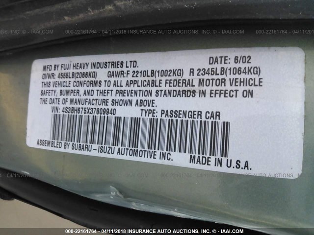 4S3BH675X37609940 - 2003 SUBARU LEGACY OUTBACK AWP 绿色 照片 9