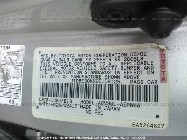 JTDBE30KX20108125 - 2002 TOYOTA CAMRY LE/XLE/SE SILVER photo 9