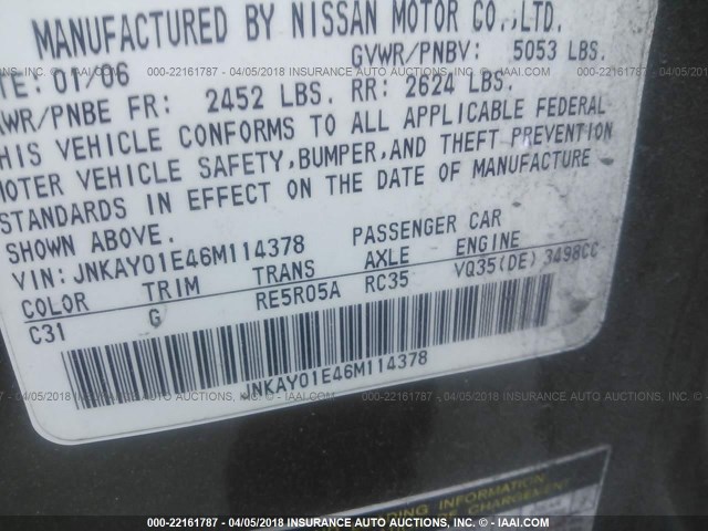 JNKAY01E46M114378 - 2006 INFINITI M35 SPORT GRAY photo 9