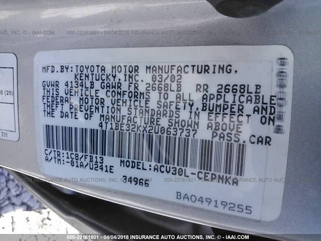 4T1BE32KX2U063737 - 2002 TOYOTA CAMRY LE/XLE/SE SILVER photo 9