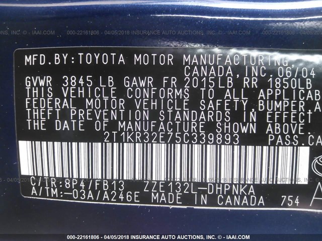 2T1KR32E75C339893 - 2005 TOYOTA COROLLA MATRIX XR BLUE photo 9