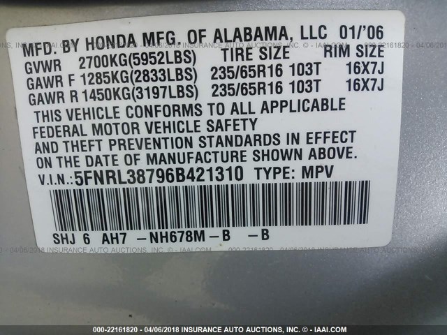 5FNRL38796B421310 - 2006 HONDA ODYSSEY EXL BEIGE photo 9