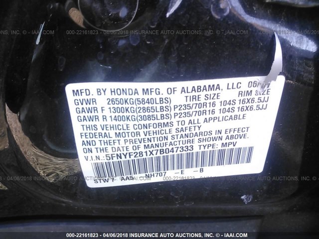 5FNYF281X7B047333 - 2007 HONDA PILOT LX BLACK photo 9