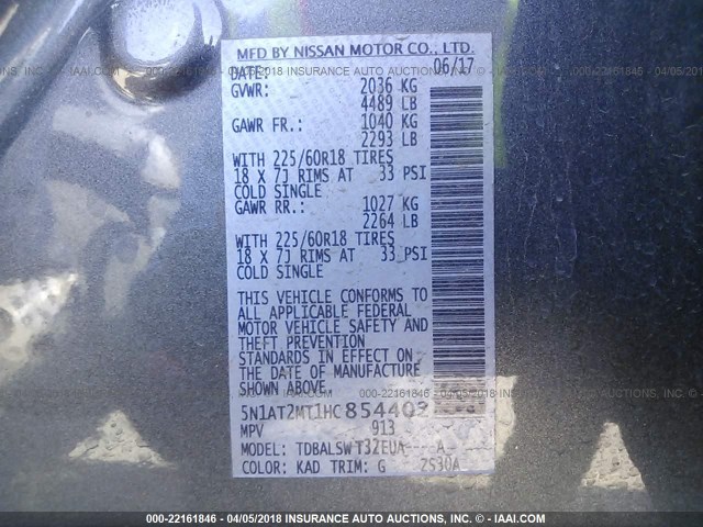 5N1AT2MT1HC854402 - 2017 NISSAN ROGUE S/SL GRAY photo 9