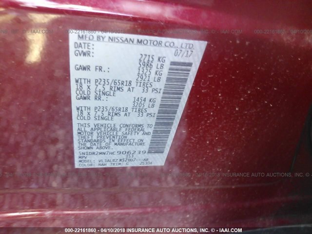 5N1DR2MN7HC906239 - 2017 NISSAN PATHFINDER S/SV/SL/PLATINUM RED photo 9