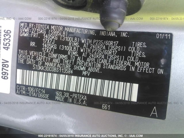 5TDKK3DC0BS113584 - 2011 TOYOTA SIENNA LE SILVER photo 9