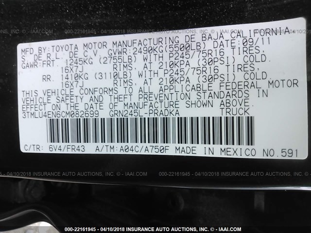 3TMLU4EN6CM082699 - 2012 TOYOTA TACOMA DOUBLE CAB მწვანე ფოტო 9