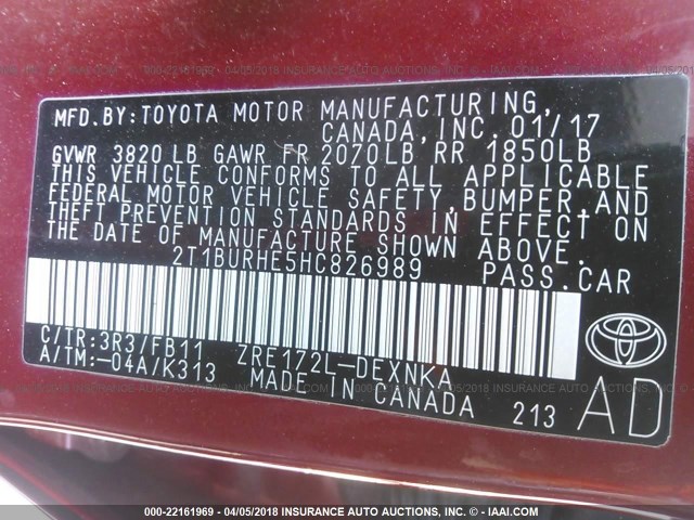 2T1BURHE5HC826989 - 2017 TOYOTA COROLLA L/LE/XLE/SE/XSE RED photo 9