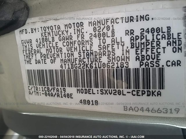 4T1BG22K61U062183 - 2001 TOYOTA CAMRY CE/LE/XLE 银色 照片 9